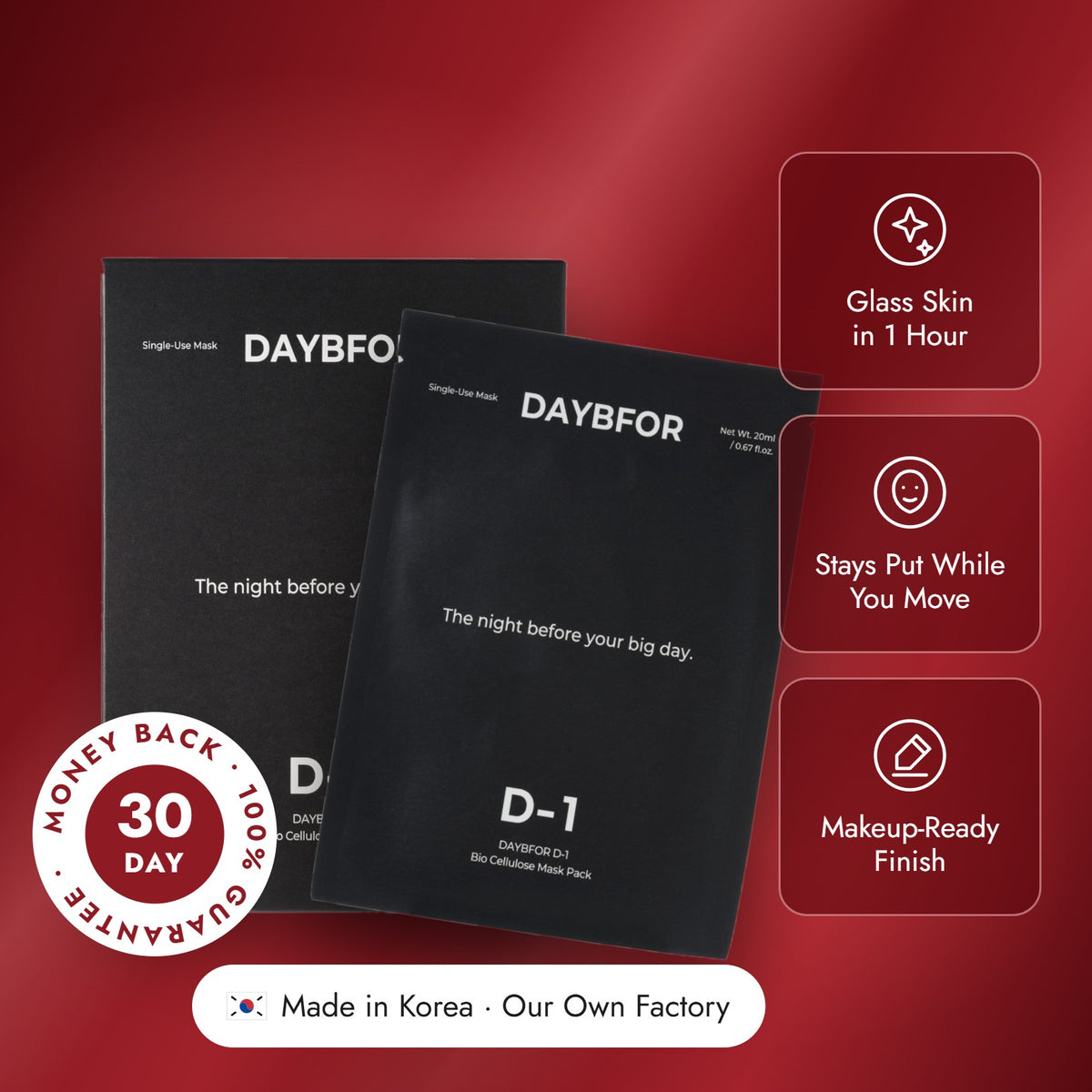 DAYBFOR D-1 box and pouch on red satin: glass skin in 1 hour, stays put while you move, makeup-ready finish, 30-day money-back guarantee, made in Korea