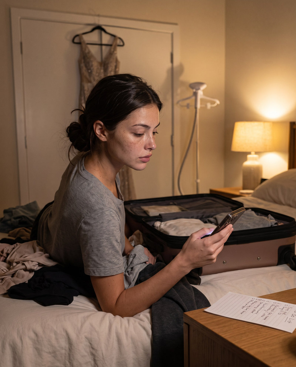 A woman wearing the DAYBFOR D-1 sheet while she gets ready