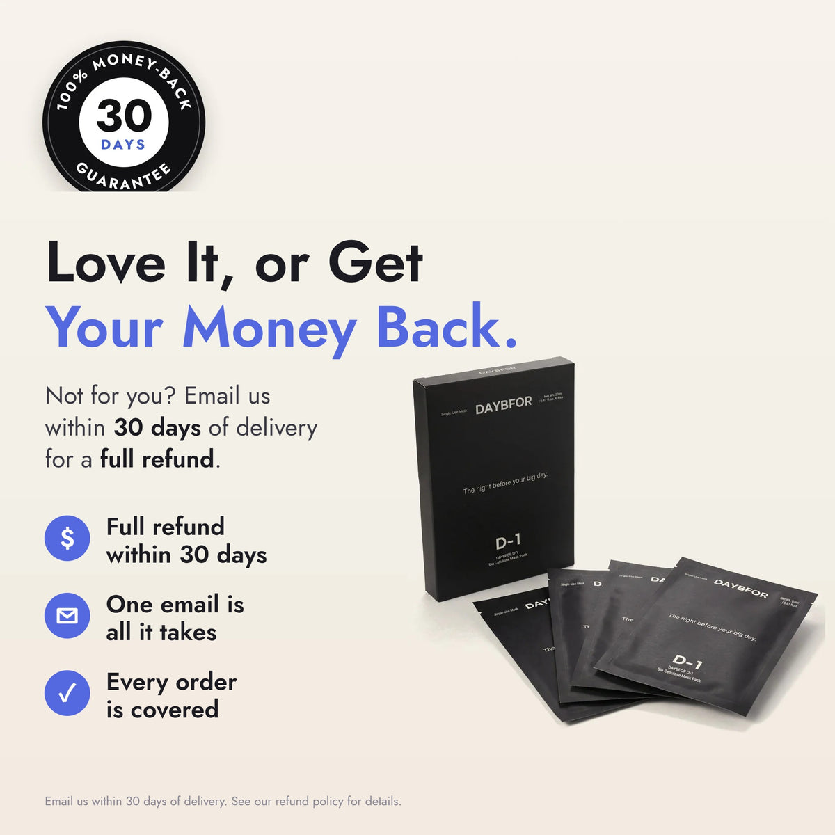 30-day money-back guarantee: not for you? Email us within 30 days of delivery for a full refund.