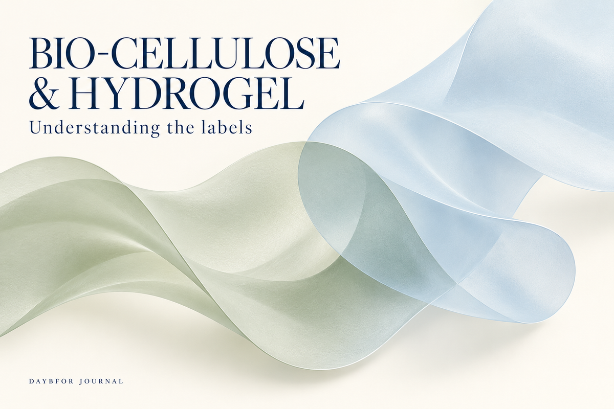 Abstract overlapping sage and pale-blue ribbons with the title Bio-Cellulose & Hydrogel: Understanding the labels.