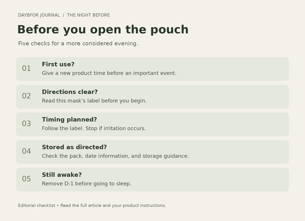 Five checks before using a mask before an event: first use, directions, timing, storage, and removal before sleep.