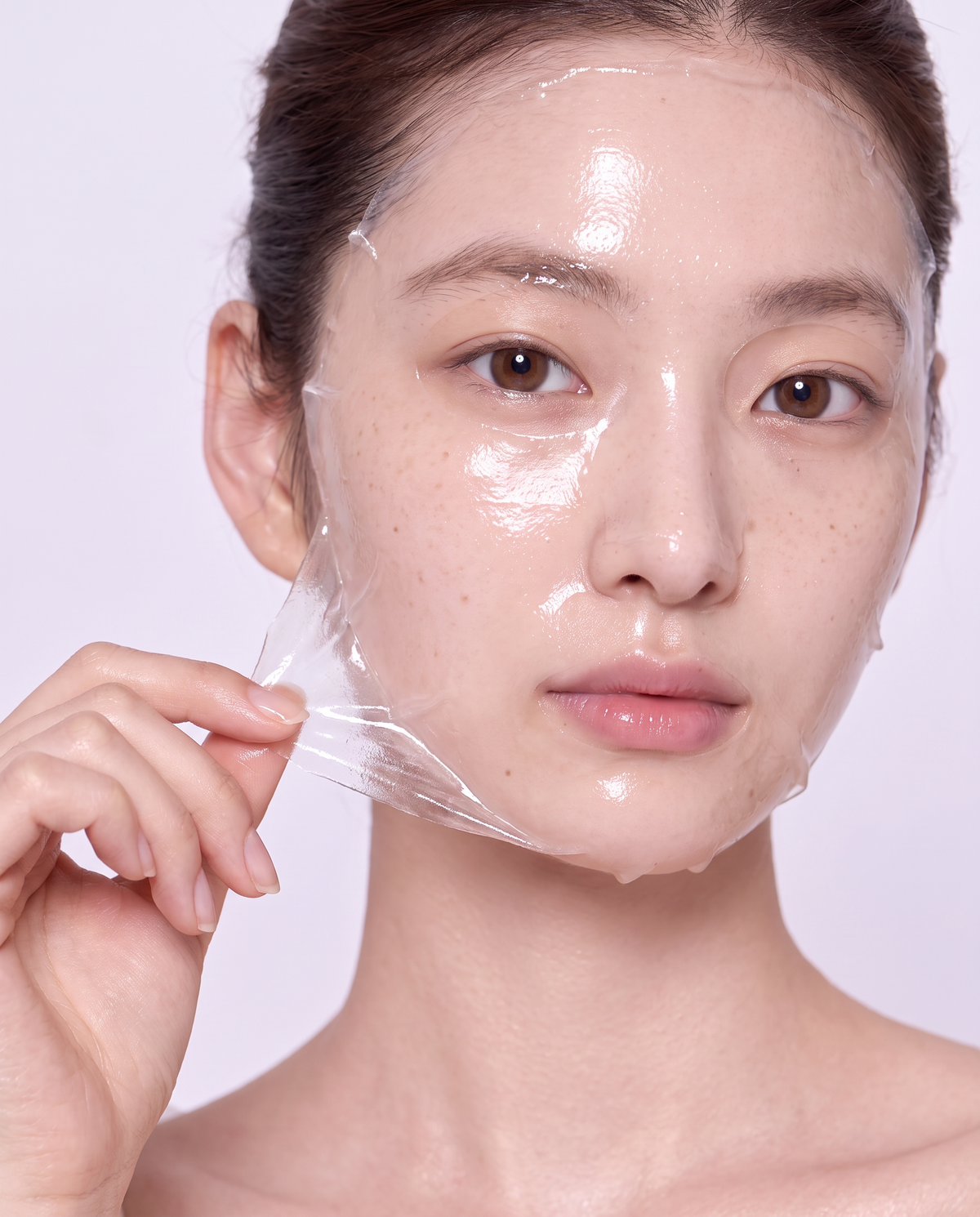 A woman peeling the DAYBFOR D-1 sheet off a glowing face